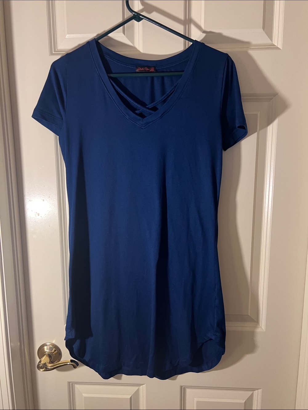 Crisscross V-Neck Short Sleeve Mini Dress in Navy